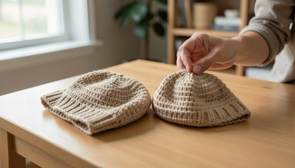A person comparing two crocheted baby hats of slightly different sizes on a table.